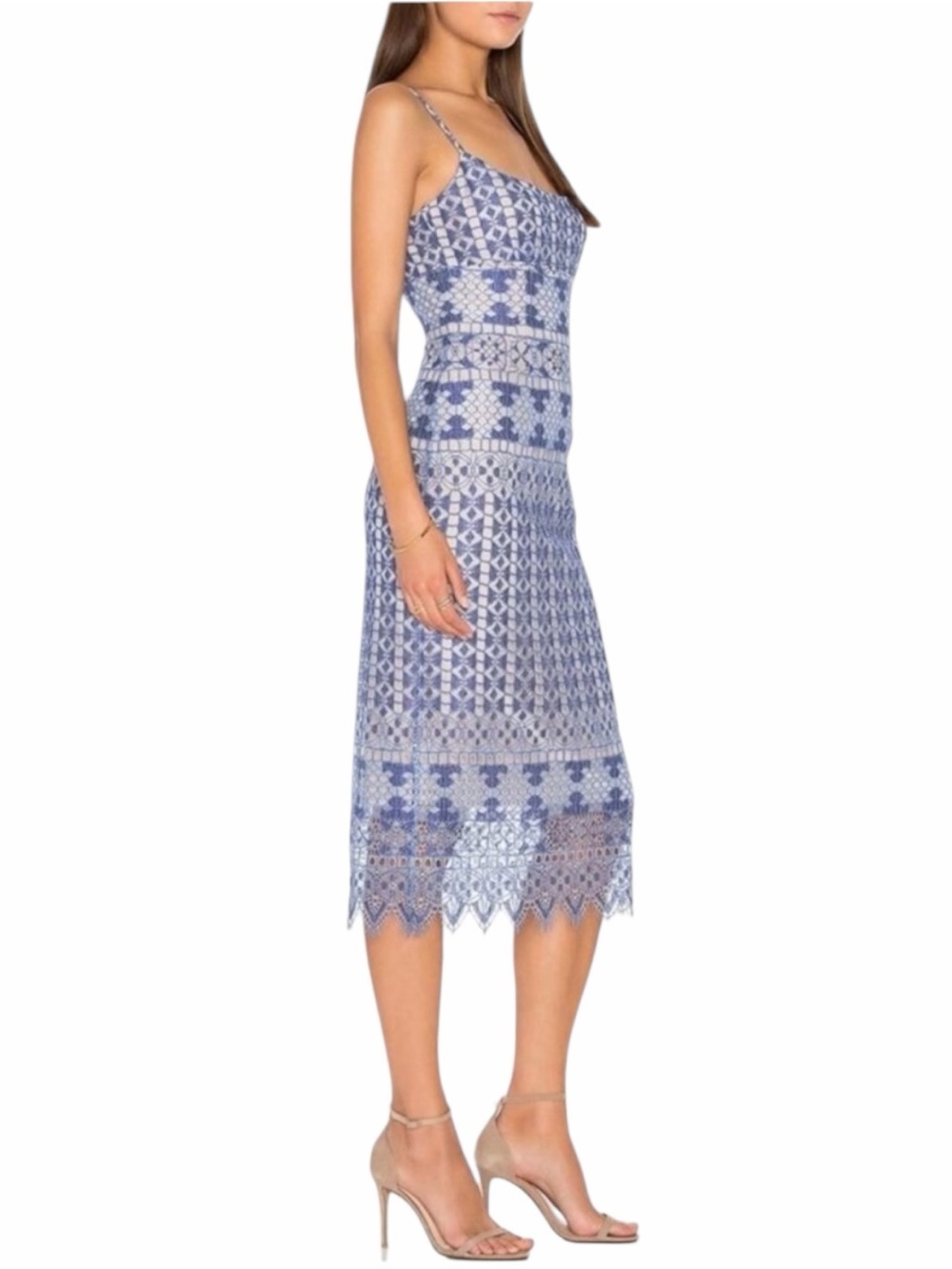 BCBGMaxAzria ✘ Alese Blue Purple Lace Strappy Midi Dress $368